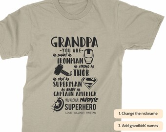 Personalized Grandpa T-shirt With Grandkids Names, Grandpa's Birthday Gift, Father's Day gift for Grandpa from grandkids | SUPERHERO | HTR S