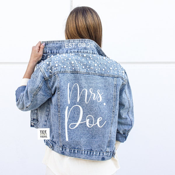 Personalized Statement Bridal Denim Jacket | Pearl Jean Jacket with Custom Name | MRS Jacket | Custom Date Placement on Collar | Bride Gift