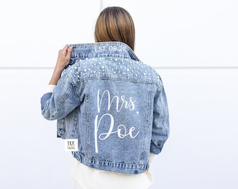 Personalized Bridal Denim Jacket: Pearl Jean Jacket, Custom Name & Date