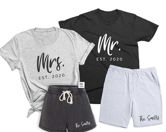 Mr. & Mrs. Couple Matching Summer Set Shirts and Shorts, Personalized Newlyweds Gift, Husband Wife Honeymoon Outfit, Anniversary Custom Gift