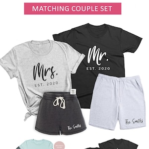 Mr. & Mrs. Couple Matching Summer Set Shirts and Shorts, Personalized Newlyweds Gift, Husband Wife Honeymoon Outfit, Anniversary Custom Gift