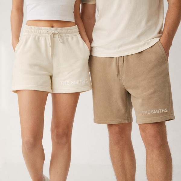 Custom Couple Matching Shorts with Last Name. Embossed PUFF Print. Personalized Husband Wife Outfit, Anniversary Gift. Wifey Hubby Gift SS23