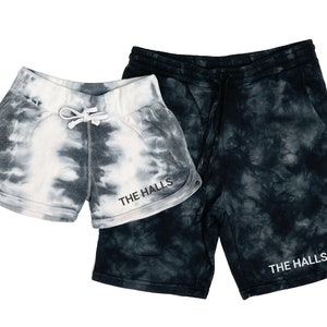 Custom Couple Matching Shorts with Last Name. Tie dye shirts with Embossed PUFF Print. Personalized Husband Wife Outfit, Anniversary Gift.