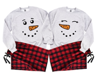 Couple Christmas Pajamas: Snowman and Snowwoman Grey Tops + Buffalo Plaid Holiday Pajama Pants