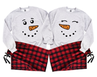 Couple Christmas pajamas. Snowman Snowwoman. Couple Matching Pajamas. Holiday Pjs. Christmas PJs. Buffalo Plaid Pajamas, Price per Pj | ASH