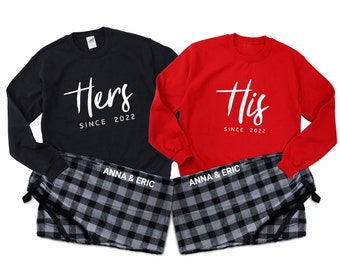Personalized His & Hers Couple Matching Pajamas-Holiday couple loungewear, Newlywed, Engagement, Anniversary or Valentine's Day Gift for Him