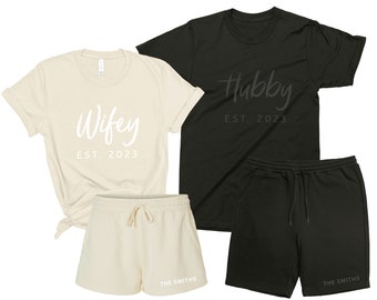 Wifey & Hubby Couple Matching SUMMER SET Shirts and Shorts with Embossed PUFF Print. Personalized Husband Wife Outfit, Anniversary Gift SS23