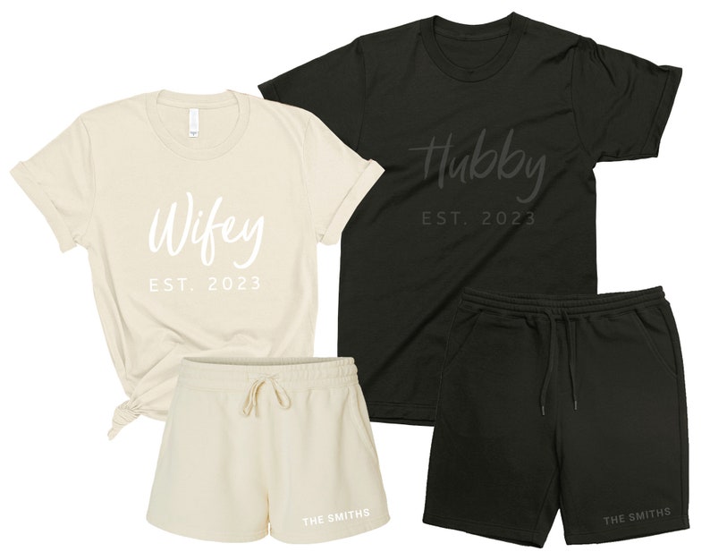 Wifey & Hubby Couple Matching SUMMER SET Shirts and Shorts with Embossed PUFF Print. Personalized Husband Wife Outfit, Anniversary Gift SS23
