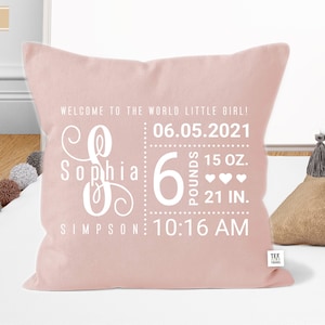 Puede incluir: Almohada rosa con texto blanco que dice "&iexcl;Bienvenido al mundo peque&ntilde;a ni&ntilde;a!"  "06.05.2021" "Sophia" "6" "15 oz." "21 in." "SIMPSON: 10:16 AM"