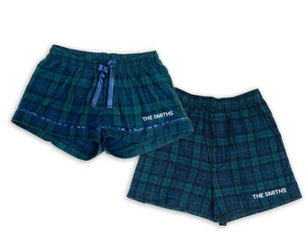 Personalized Couple Pajama Shorts with custom name – Matching Flannel Sleepwear. Scottish Tartan Plaid