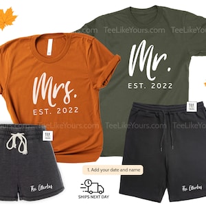 Mr. & Mrs. Couple Matching Set Shirts + Shorts, Personalized Newlyweds Gift, Husband Wife Honeymoon Outfit, Anniversary Custom Gift - Autumn