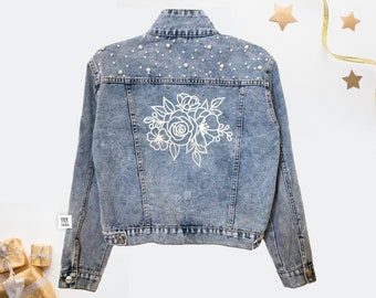 Flower Denim Jacket | Embroidered Pearls Vintage Cropped Denim Jacket | Jean Coat | Pearl Jean Jacket with Flowers | Gift for her