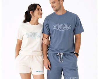 Bride & Groom Couple Matching SUMMER SET Shirts + Shorts. Personalized Wedding outfit. Engagement Gift with Est Year and New Last Name.