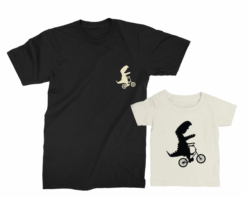 Father and Son matching shirts. Father's Day gift for Father and Baby. Matching Dinosaurs riding a bike shirt Set. Father Son matching tees. image 1