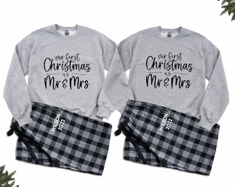Our First Christmas as Mr. & Mrs. - Couples Christmas Pajamas, Matching Christmas pajamas, Newlywed Christmas Gift, Mr. and Mrs. pajamas C/B