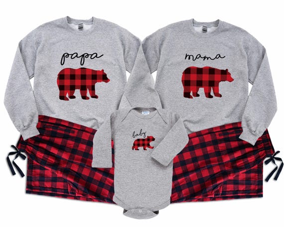 Bear Family Matching Outfit: Adult Sweatshirts & Red Plaid Pants + Kids Sweatshirts and Bodysuits. Custom name Holiday Family outfit - R/B