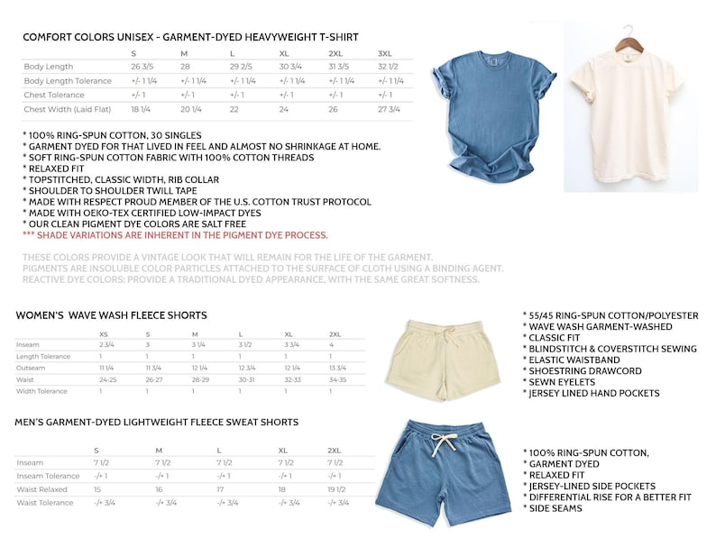 Peut inclure: Image pr&eacute;sentant un t-shirt bleu clair et cr&egrave;me, un short beige et un short bleu. Une grille des tailles avec des mesures en pouces et des d&eacute;tails sur les produits sont &eacute;galement inclus.