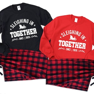 Couple Christmas Pajamas. Holiday Anniversary gift. Matching Christmas Morning pjs for Hubby & Wifey. Sleighing Together Since GBR24 - R/B