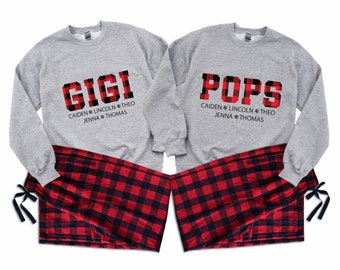 Grandma & Grandpa Christmas Pajamas. Custom grandparents matching pajamas with grandkids names. Buffalo Plaid Pjs for grandparents. GG-R/B
