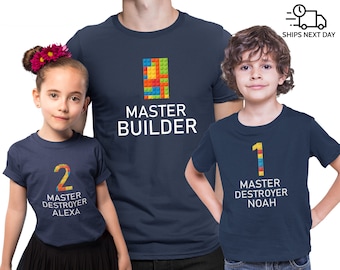 Master Builder & Master Destroyer, Bricks Building Blocks, Personalized T-shirts with custom name | Family Matching Tees for Birthday Party