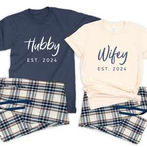 Wifey & Hubby Couple Matching Pajamas, Shirts and Plaid Pants. Personalized Husband Wife Lounge SET. Honeymoon Outfit. Anniversary Gift NN24