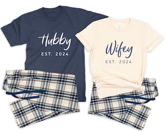 Wifey & Hubby Couple Matching Pajamas, Shirts and Plaid Pants. Personalized Husband Wife Lounge SET. Honeymoon Outfit. Anniversary Gift NN24