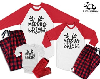 Merry and Bright Family Matching Pajamas Set |  Buffalo Plaid Holiday Pjs | Christmas Pajama