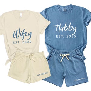 Wifey & Hubby Couple Matching Shirts and Shorts SET with custom name, date. Personalized Husband Wife Outfit, Anniversary Gift CC25 BlueBone