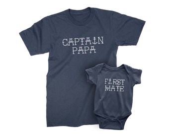 Captain Papa  and First Mate - Matching Father and Son, Daughter, Baby T-shirts. Nautical, Sailing Gift for Dad's Birthday. Daddy's Buddy