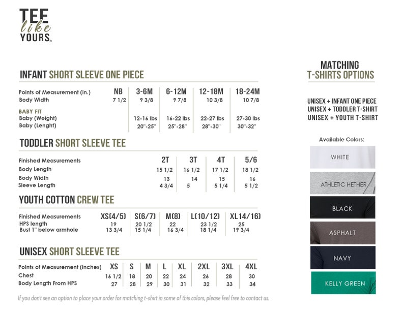 May include: A chart showing size and measurement information for infant, toddler, youth, and unisex short sleeve t-shirts. The chart includes measurements for body width, body length, sleeve length, and bust. The chart also includes a list of available colors for the t-shirts, including white, athletic heather, black, asphalt, navy, and kelly green.