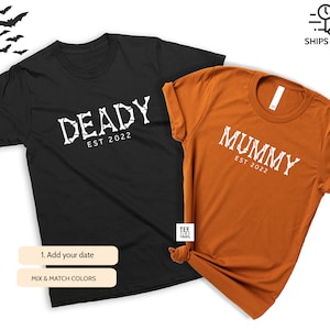 Matching Mom Dad Halloween shirts, Mummy Deady Family Shirt, New Mom and Dad Halloween gift, Fall Pregnancy Announcement shirts, Baby shower