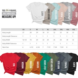 May include: A variety of adult unisex t-shirts in various colors, including white, red, and black, are displayed. The image includes a size chart with measurements for body length, width, and neck size in inches. The text "TEE like YOURS. ADULT UNISEX SIZES MEASURE UP!" is also visible.