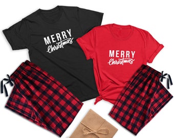 Merry Christmas - Wifey & Hubby Matching Christmas Pajamas Couple, Fiance Gift for Him, Our Christmas together PJs | Price per one pajama
