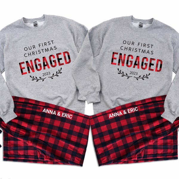 Our First Christmas Engaged - Couples Christmas Pajamas, Matching Christmas pajamas, Newly Engaged Christmas Pajamas, Fiancee gift G22 - R/B