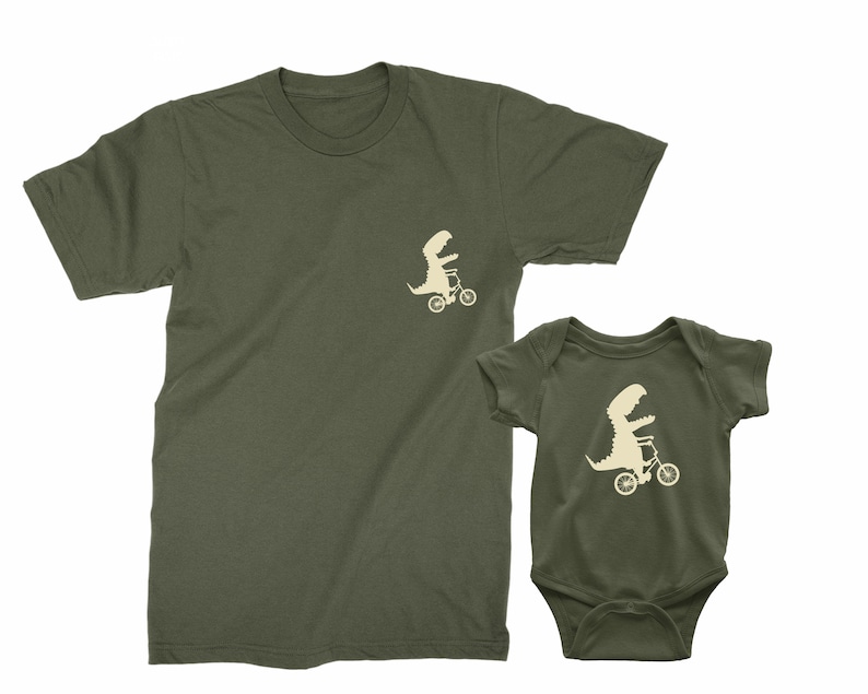 Father and Son matching shirts. Father's Day gift for Father and Baby. Matching Dinosaurs riding a bike shirt Set. Father Son matching tees. image 3