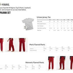 May include: The image displays a size chart for adult pajama sets, including unisex jersey tees and flannel pants for men and women. The pajama pants are red and black plaid. The text "TEE like YOURS" is at the top.