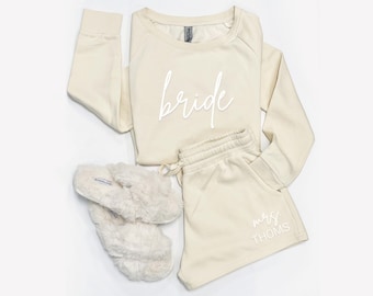 Personalized Bride gift set with Embossed Print. Custom Bride Outfit. Honeymoon outfit. Bride Loungewear. Wedding Gift Set. Bridal outfit