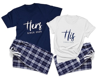 His & Hers Matching Couple Pajamas. Personalized Shirts and Plaid Pants.  Honeymoon and Anniversary Gift.