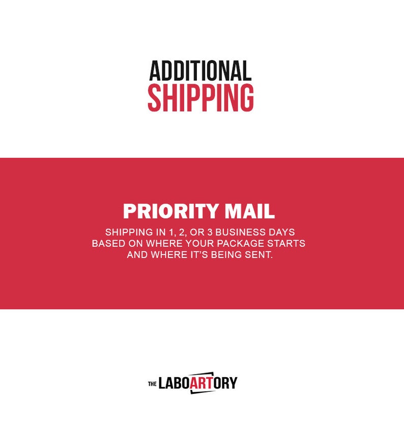 May include: White background with the words "ADDITIONAL SHIPPING" in black and red. Below, a red banner reads "PRIORITY MAIL" with text about shipping times. The Laboartory logo is at the bottom.