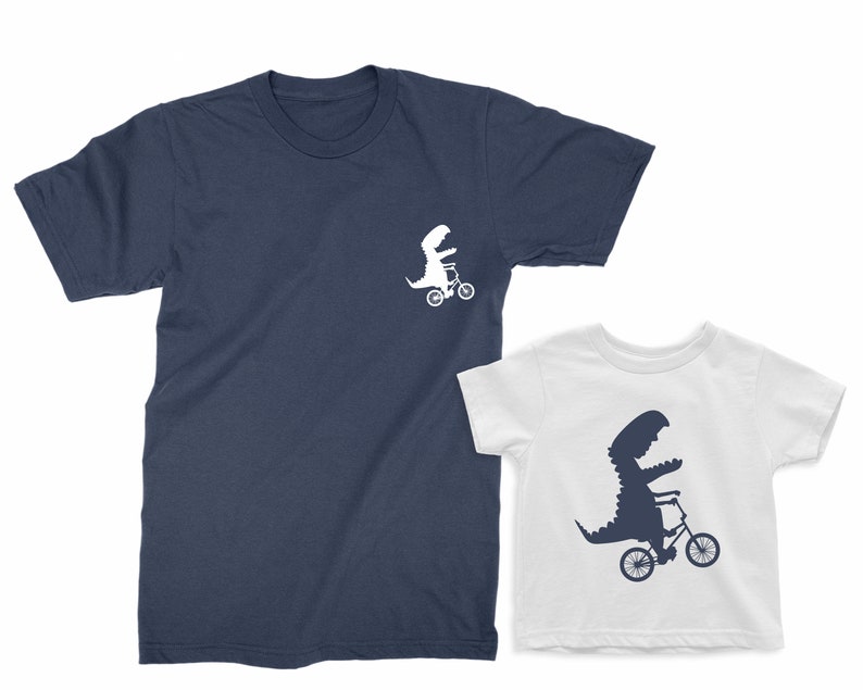 Father and Son matching shirts. Father's Day gift for Father and Baby. Matching Dinosaurs riding a bike shirt Set. Father Son matching tees. image 4