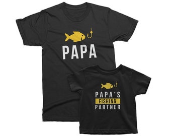 Papa and Papa's Fishing Partner. Matching T-Shirts for Grandpa and Grandson / Daddy and Son. Funny Birthday Gift Idea for him | Custom Name.