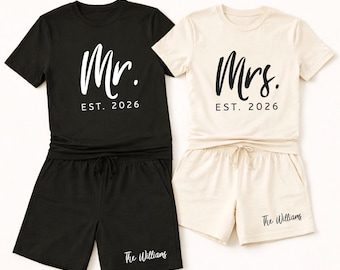 Personalized Mr & Mrs Matching Couple Outfit. Honeymoon Gift Set with Custom Name and Year