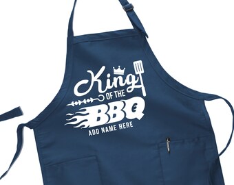 King of the BBQ. Personalized Men's pocketed Apron, great gift idea for Dad's / Grandpa's Birthday party with custom name! Barbecue Lovers.