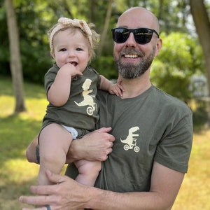 Father and Son matching shirts. Father's Day gift for Father and Baby. Matching Dinosaurs riding a bike shirt Set. Father Son matching tees. image 2