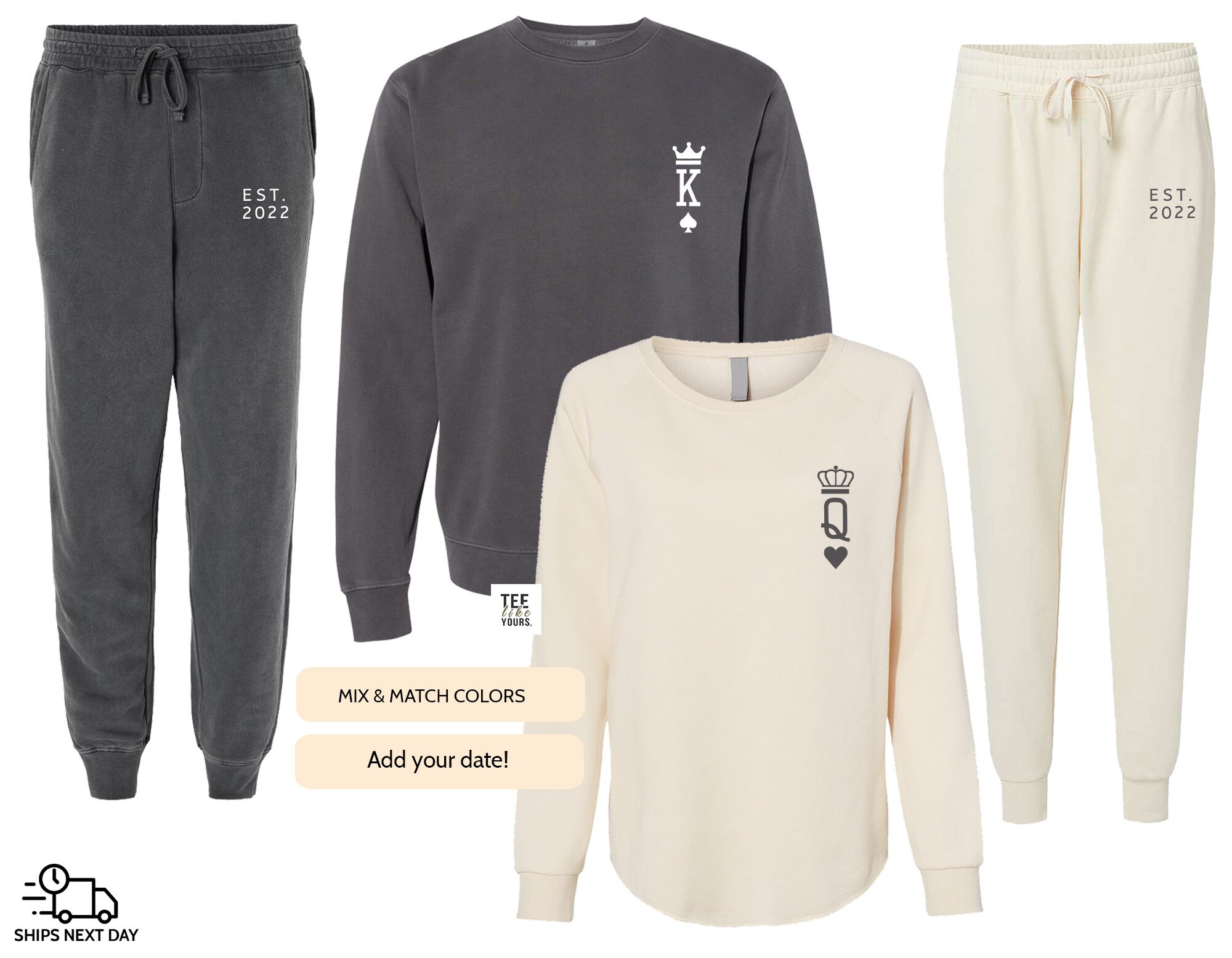 Personalized King Queen Couple Matching Set Print on Sweatshirt and Sweatpants Set Wife and Husband Set Joggers Gift for Couples Etsy Ireland