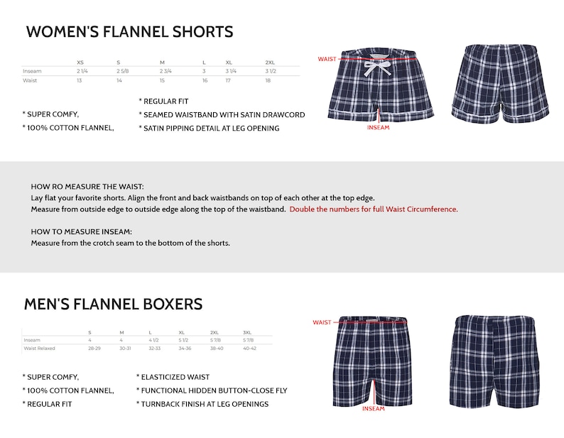 Pu&ograve; includere: Una tabella delle taglie per pantaloncini e boxer in flanella con motivi a quadri blu navy e bianchi. L'immagine include viste frontali e posteriori dei capi, istruzioni per la misurazione e tabelle con le misure in pollici.