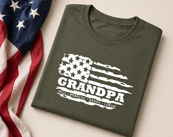 Personalized Grandpa T-shirt - FLAG & Grandkids Names, T-shirt for Grandpa, Father's Day gift for Grandpa from grandkids BELLA and CANVAS