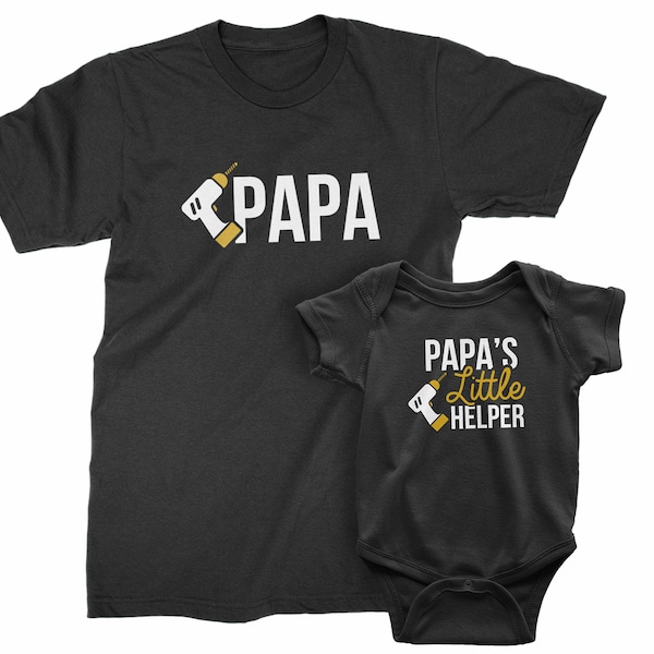 Papa and Papa's Little Helper. Father's Day Gift for Grandpa & Grandson. Matching T-shirt Set. Funny Papa, Baby one piece with Power Tool.