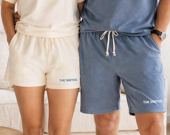 Custom Couple Matching Shorts with Last Name. Personalized Husband Wife Outfit, Anniversary Gift. Wifey Hubby Gift SS25 BLUE & BONE