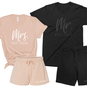 Mr. & Mrs. Couple Matching SUMMER SET Shirts and Shorts with Embossed PUFF Print. Personalized Husband Wife Outfit, Anniversary Gift SS23